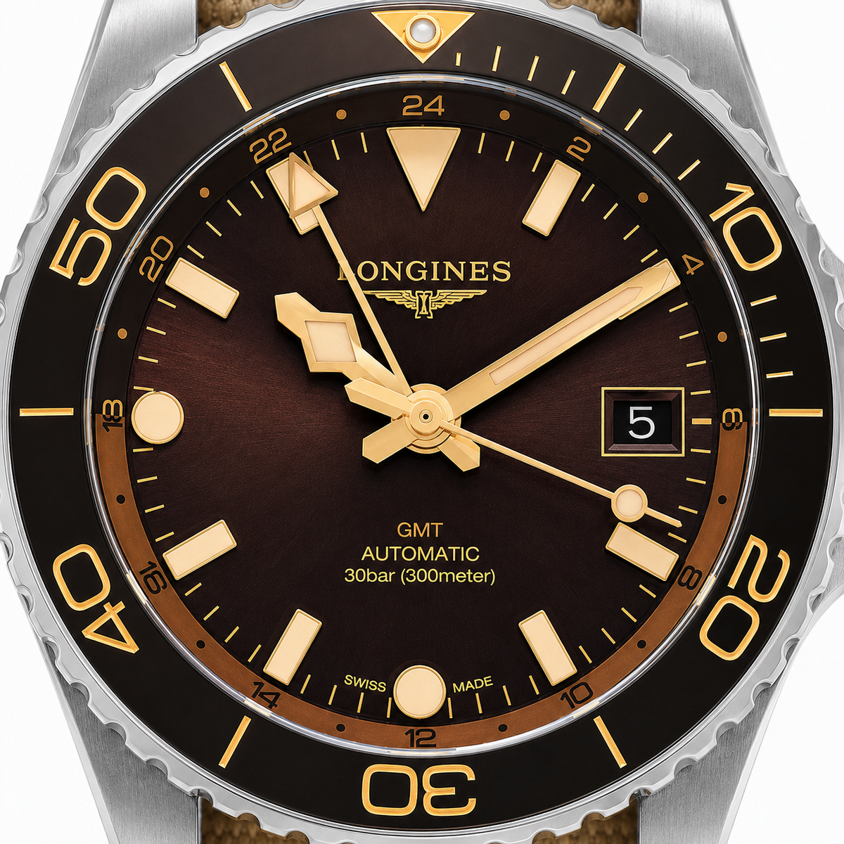 New Longines Mens HydroConquest GMT Automatic 41 Brown Dial Watch L3.790.4.66.2
